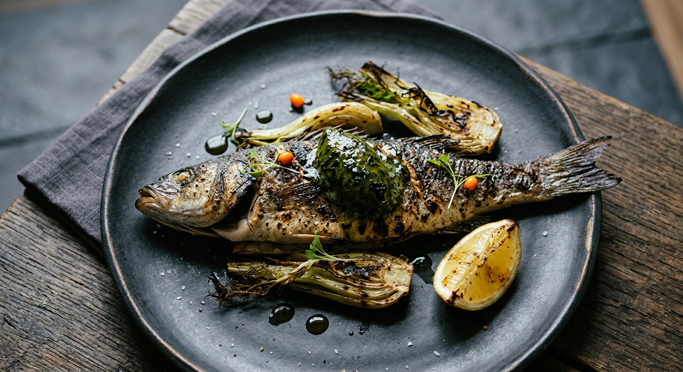 Grilled Sea Bass with Charred Fennel & Cornish Seaweed Butter