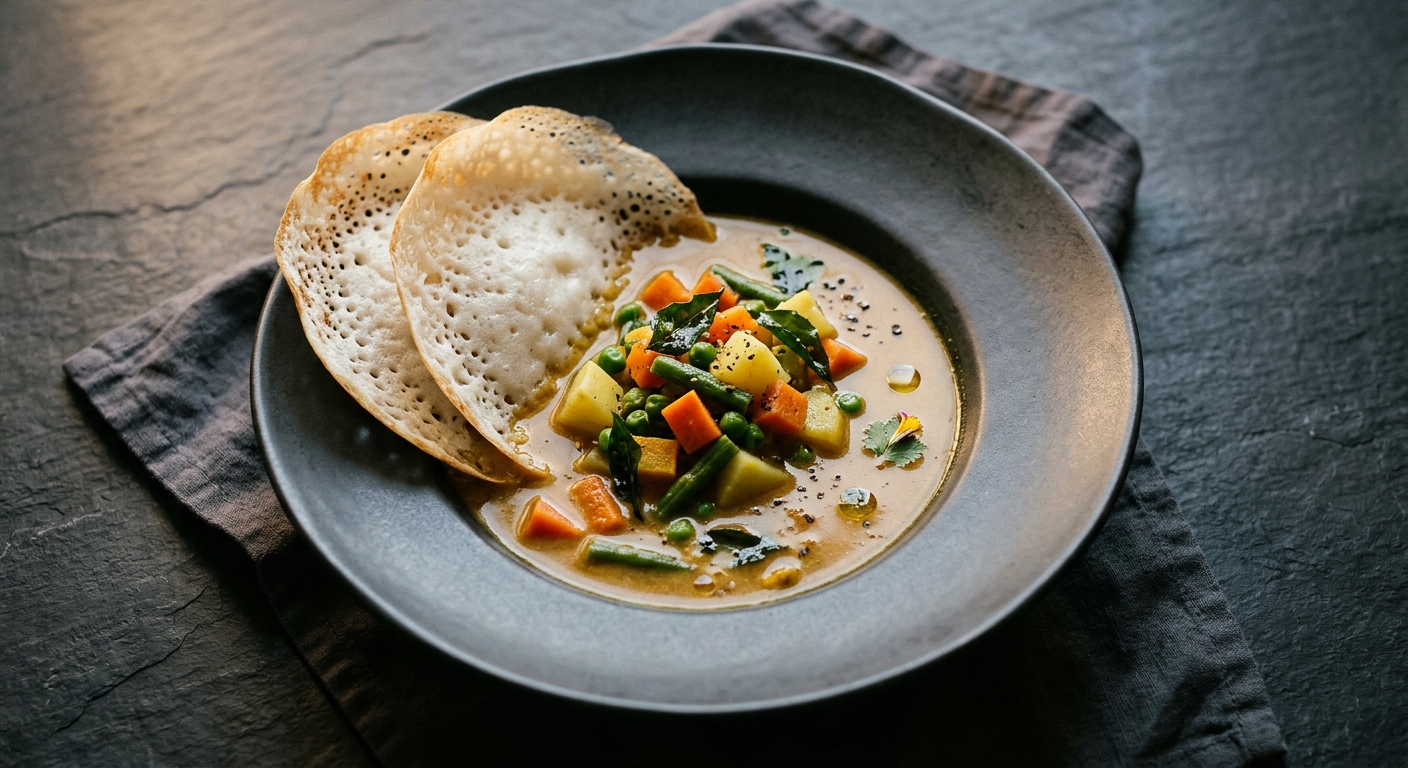 Kerala Coconut Vegetable Stew with Lace Appam