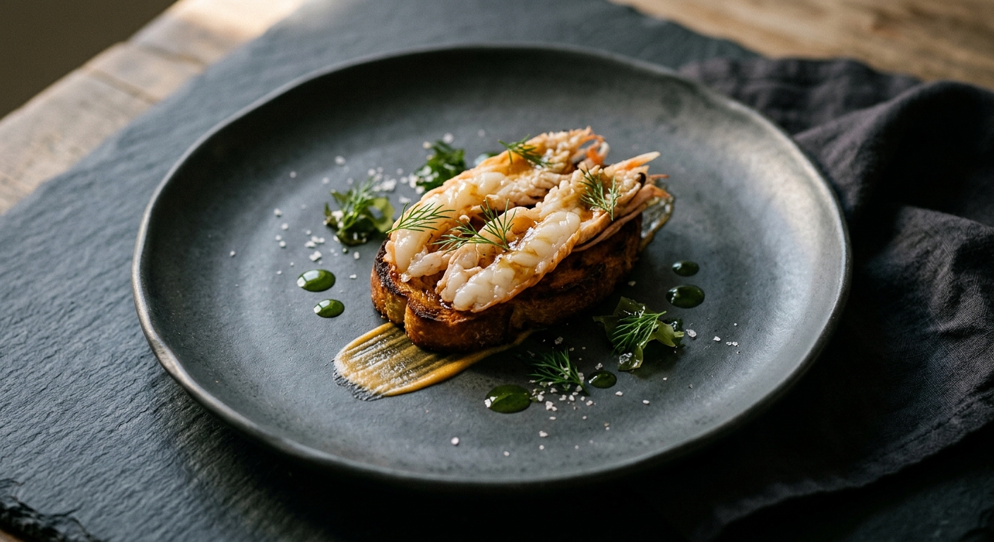 Langoustines on Burnt Butter Toast with Dill and Sea Lettuce