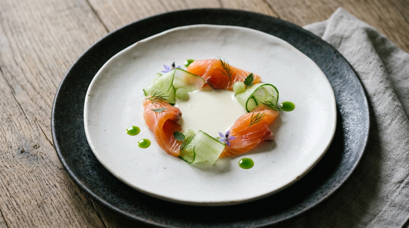 Salt-cured sea trout, cucumber ribbons, dill oil & buttermilk