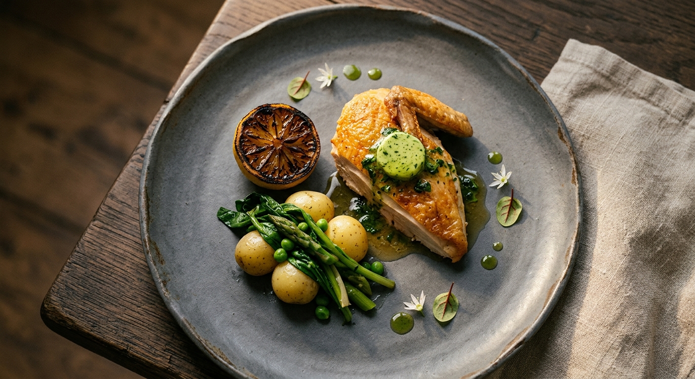 Spring Chicken with Wild Garlic Butter and Burnt Lemon
