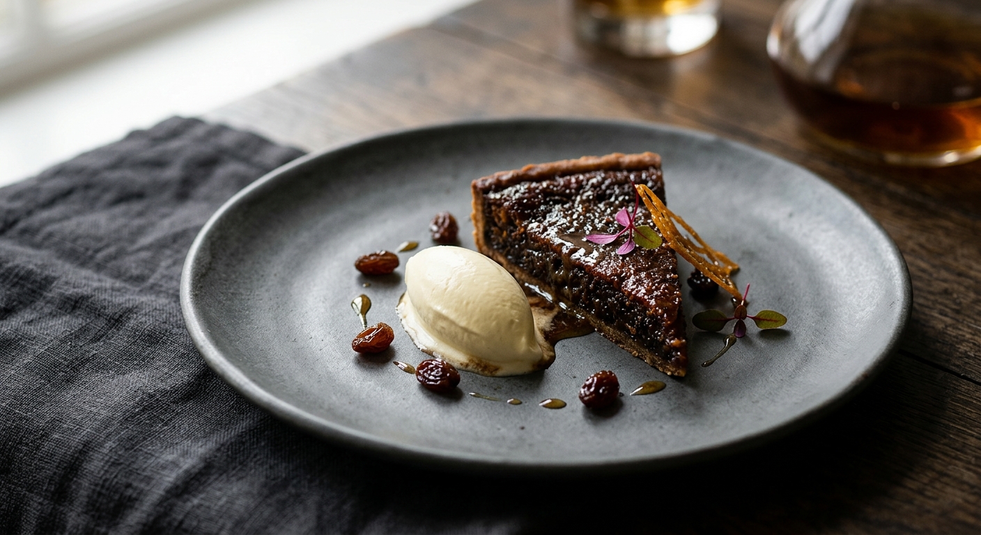 Dark treacle tart, clotted cream, whisky-soaked raisins