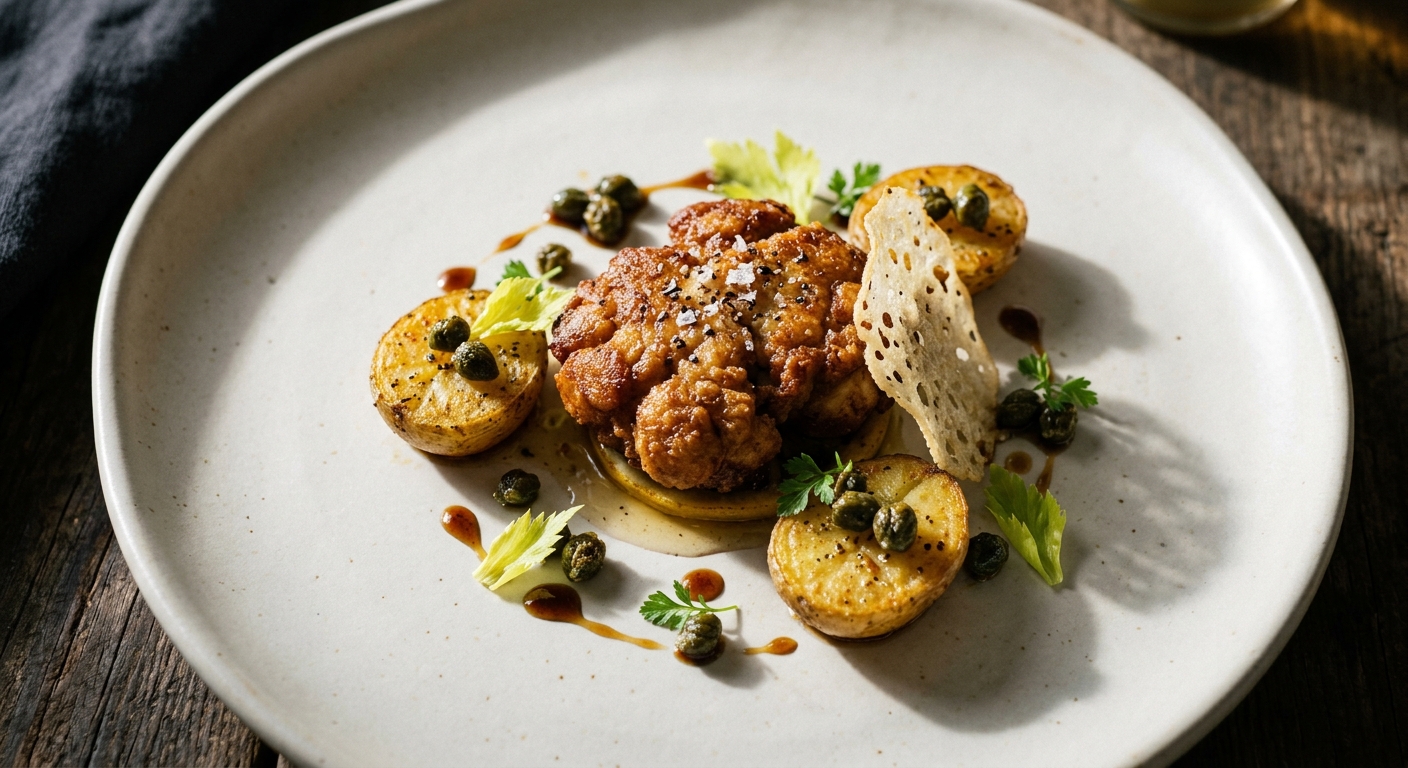 Crispy Sweetbreads with Burnt Lemon and Caper Brine