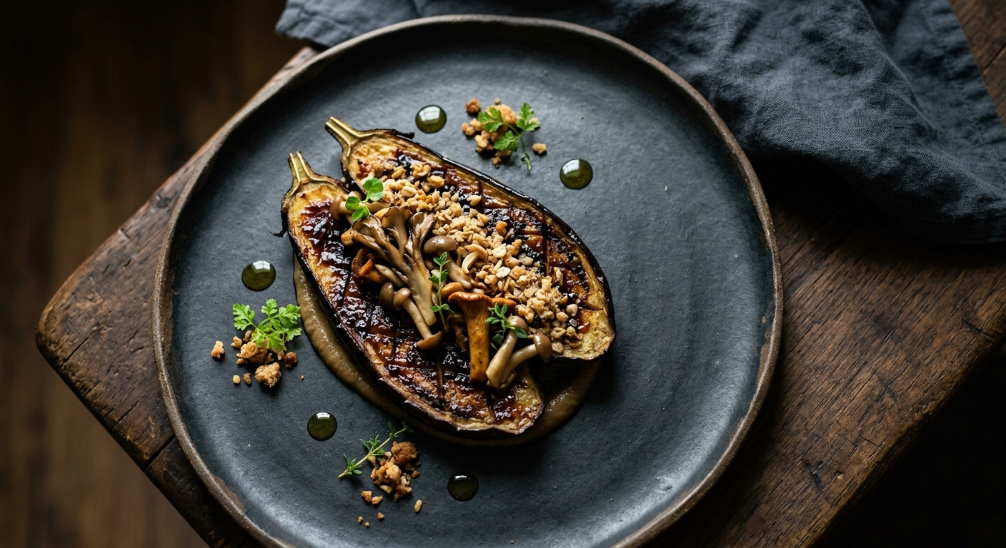 Charred Aubergine, Miso Glaze, Wild Mushroom Crumb