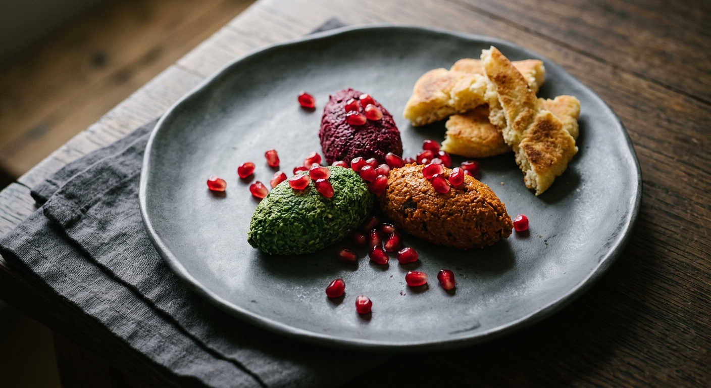 Pkhali Trio — Three Walnut Spreads with a Pomegranate Crown