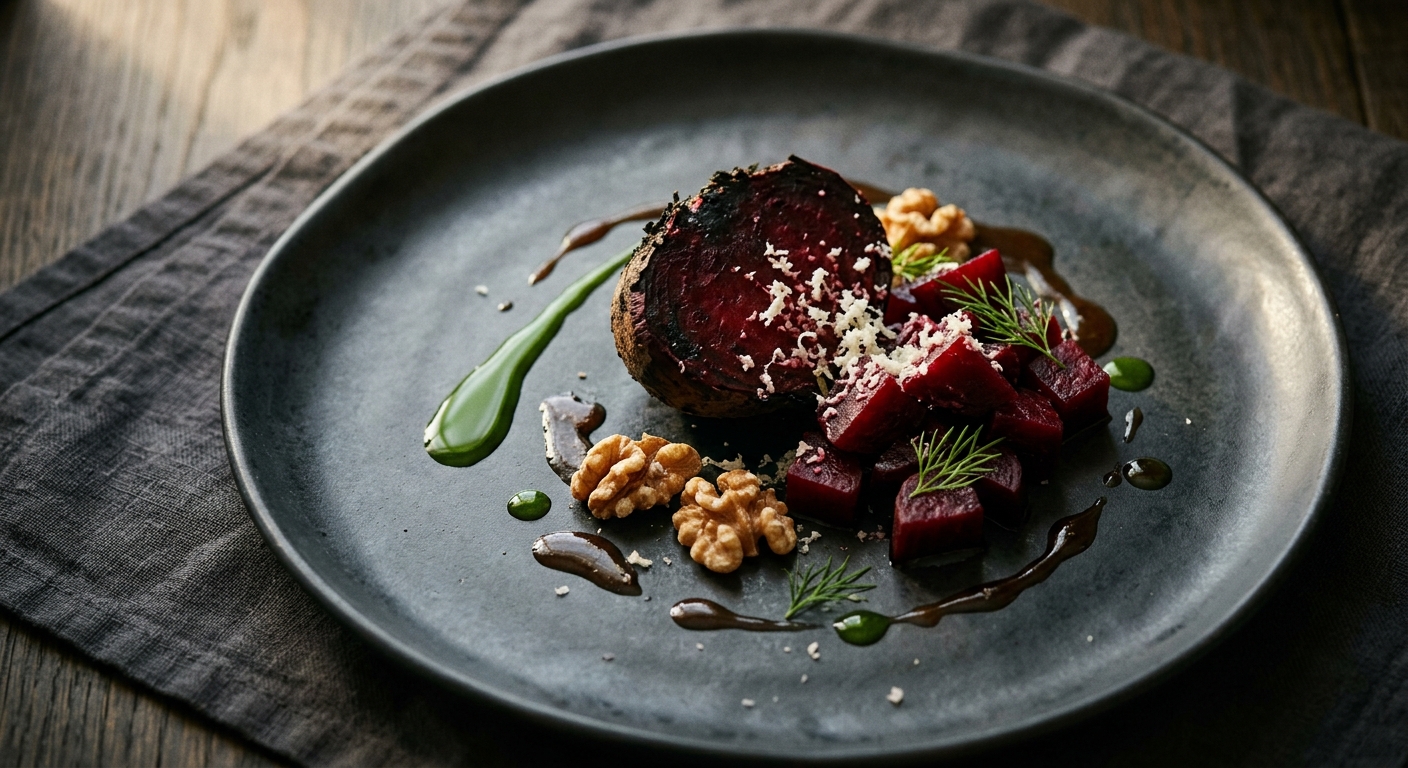 Ash-Baked Beetroot with Dill Oil, Salt-Baked Walnut & Burnt-Onion Vinaigrette