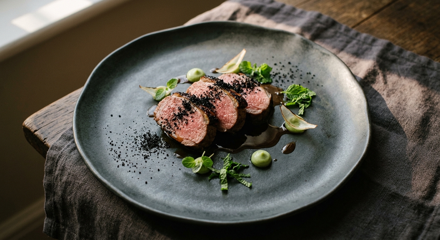 Charred Spring Lamb with Wild Mint & Burnt Onion Ash