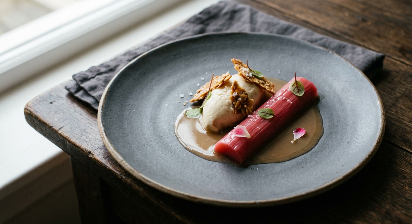 Cardamom-poached Rhubarb with Oat Cream & Toasted Oat Brittle