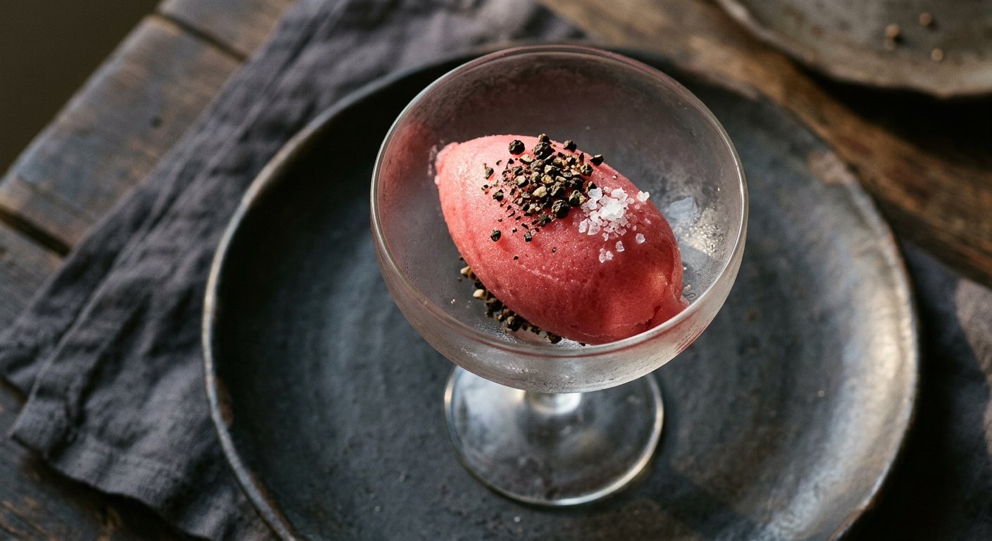 Rhubarb & Rosewater Sorbet with Cracked Black Pepper Crown