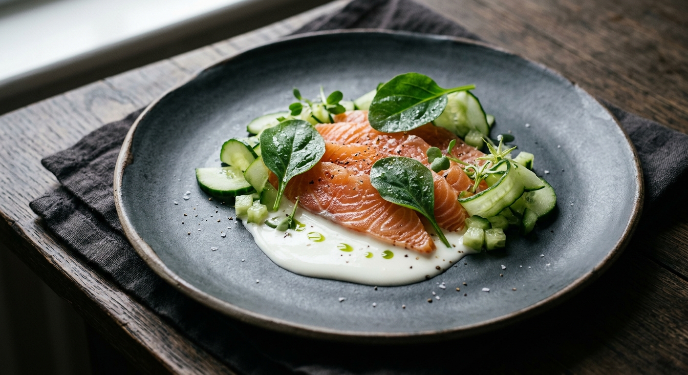 Salt-cured Loch Duart with buttermilk, cucumber and oyster leaf