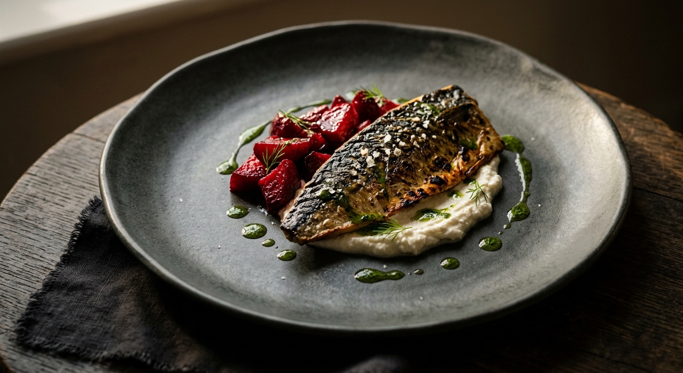 Charred Mackerel with Roast Beetroot, Crowdie & Dill Oil