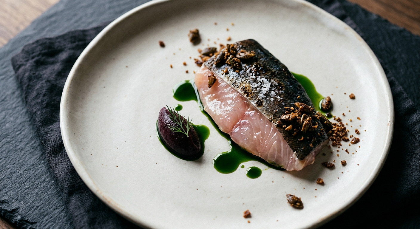 Alpine Trout Mi-Cuit with Fermented Plum, Dill Oil & Pumpkin Seed Praline