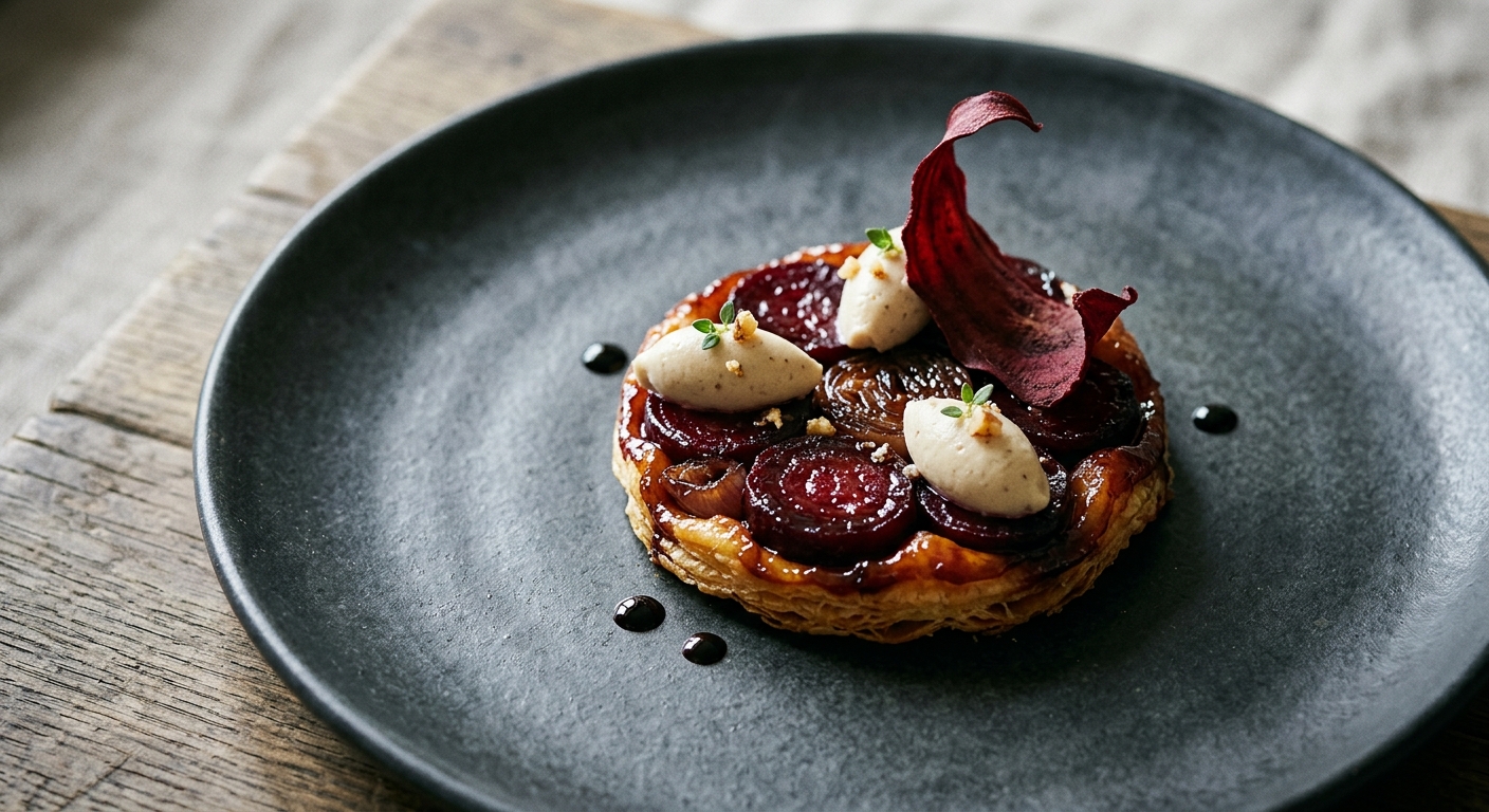 Beetroot Tarte Tatin with Caramelised Shallots and Walnut Cream