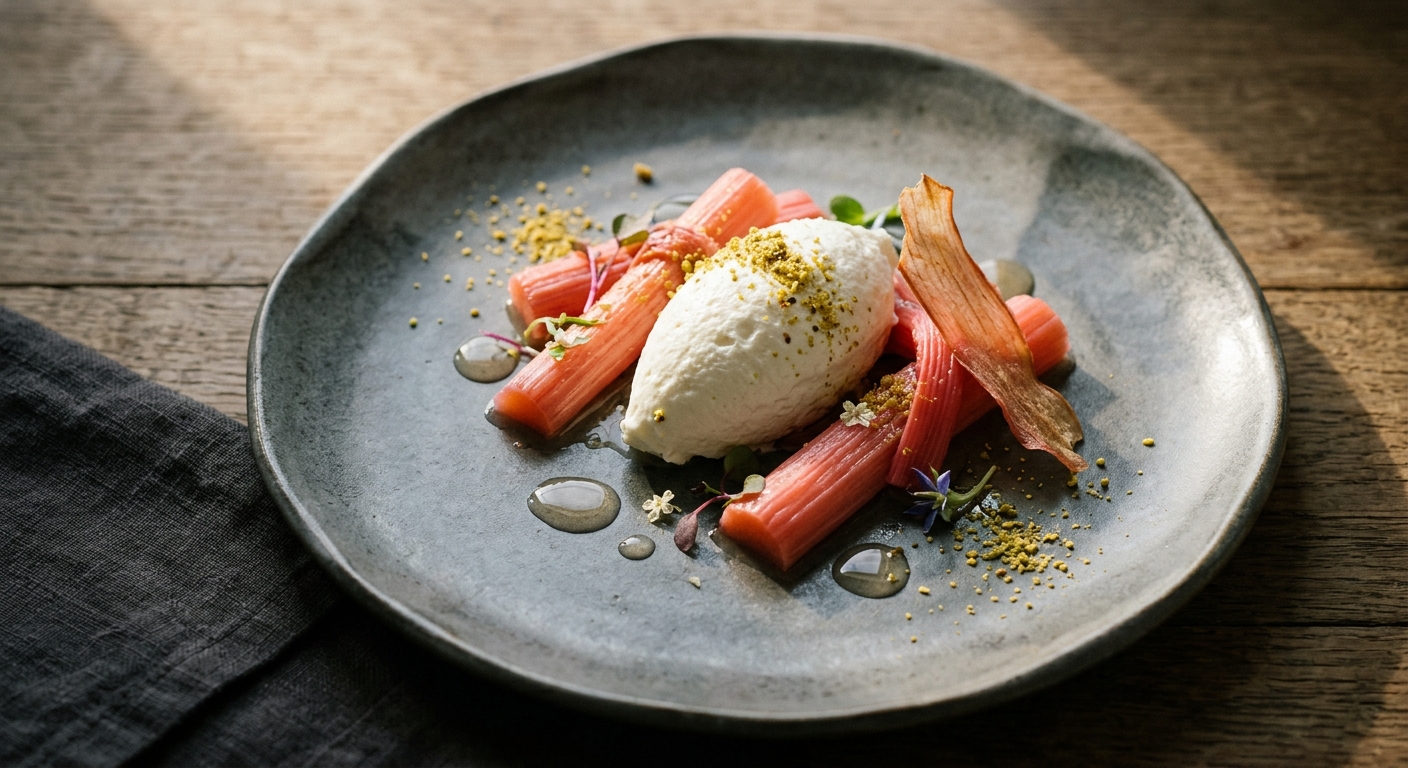 Rhubarb's Blush with Whipped Goat Curd and Pistachio Dust