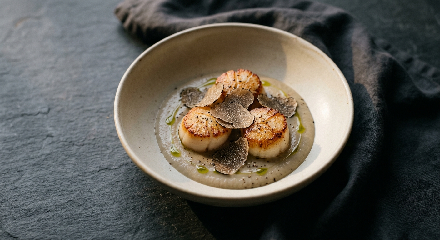 Hand-dived Scallops, Jerusalem Artichoke Silk, Winter Truffle