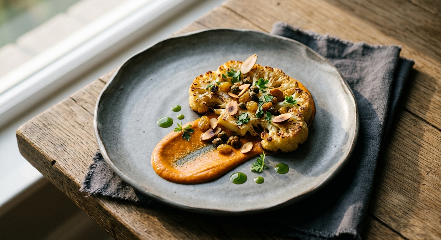 Cauliflower Steak with Romesco & Charred Almonds