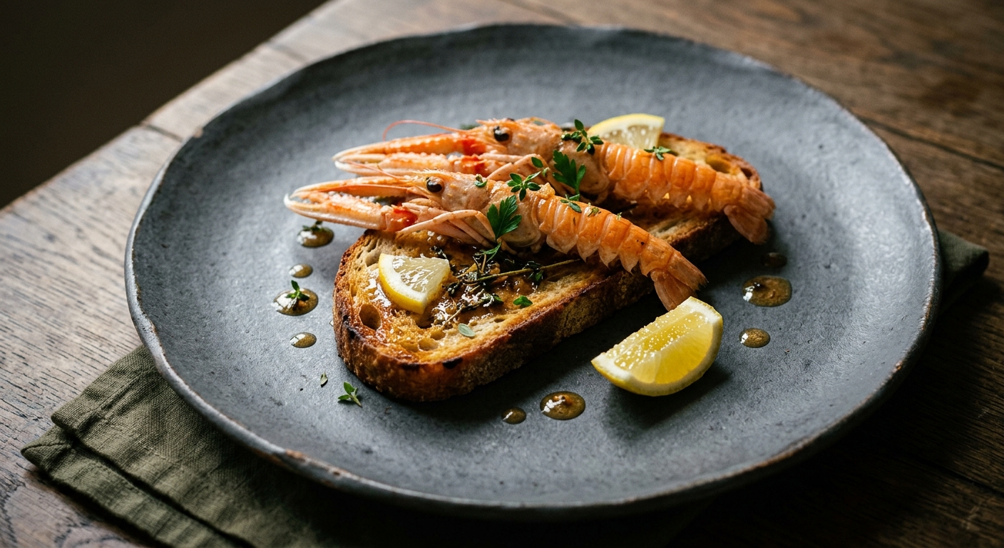Braw Langoustines on Sourdough wi' Brown Butter an' Thyme