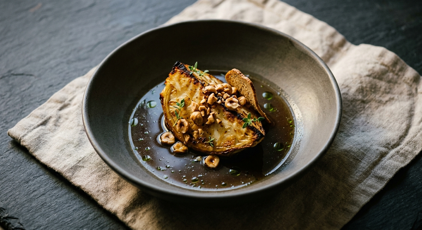 Charred Celeriac with Toasted Hazelnut & Wild Mushroom Broth