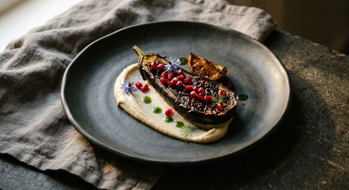 Charred Aubergine with Pomegranate Molasses, Whipped Tahini & Burnt Lemon