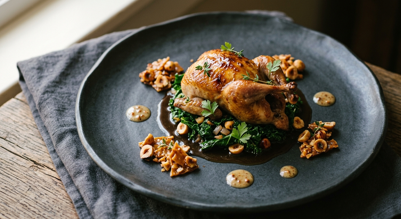 Roasted Quail with Buttered Kale, Hazelnut Praline and Madeira