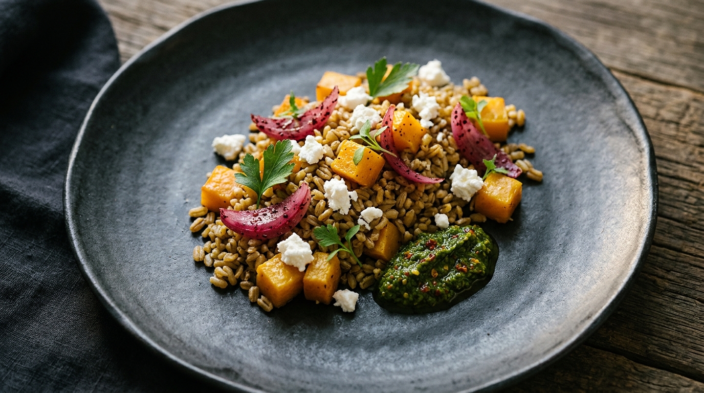 Freekeh with Roasted Squash, Sumac Onions & Feta – A Well-Wheated Affair