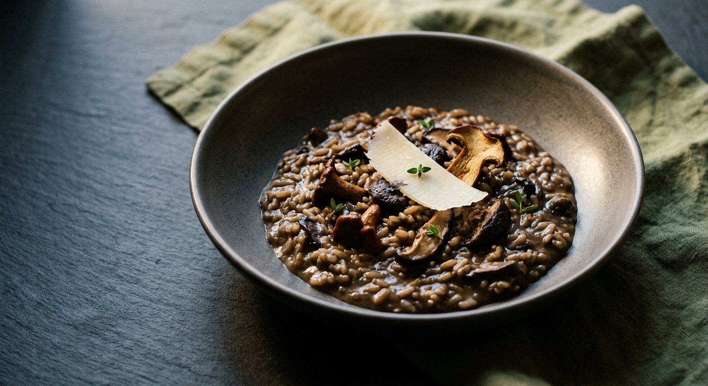 Peat-Dark Mushroom Risotto with Burnt Butter and Thyme
