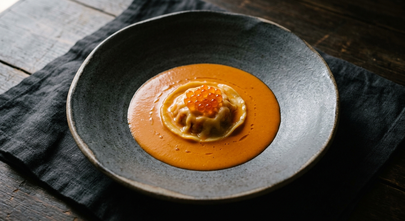 Lobster Ravioli, Lemongrass Bisque, Salmon Roe