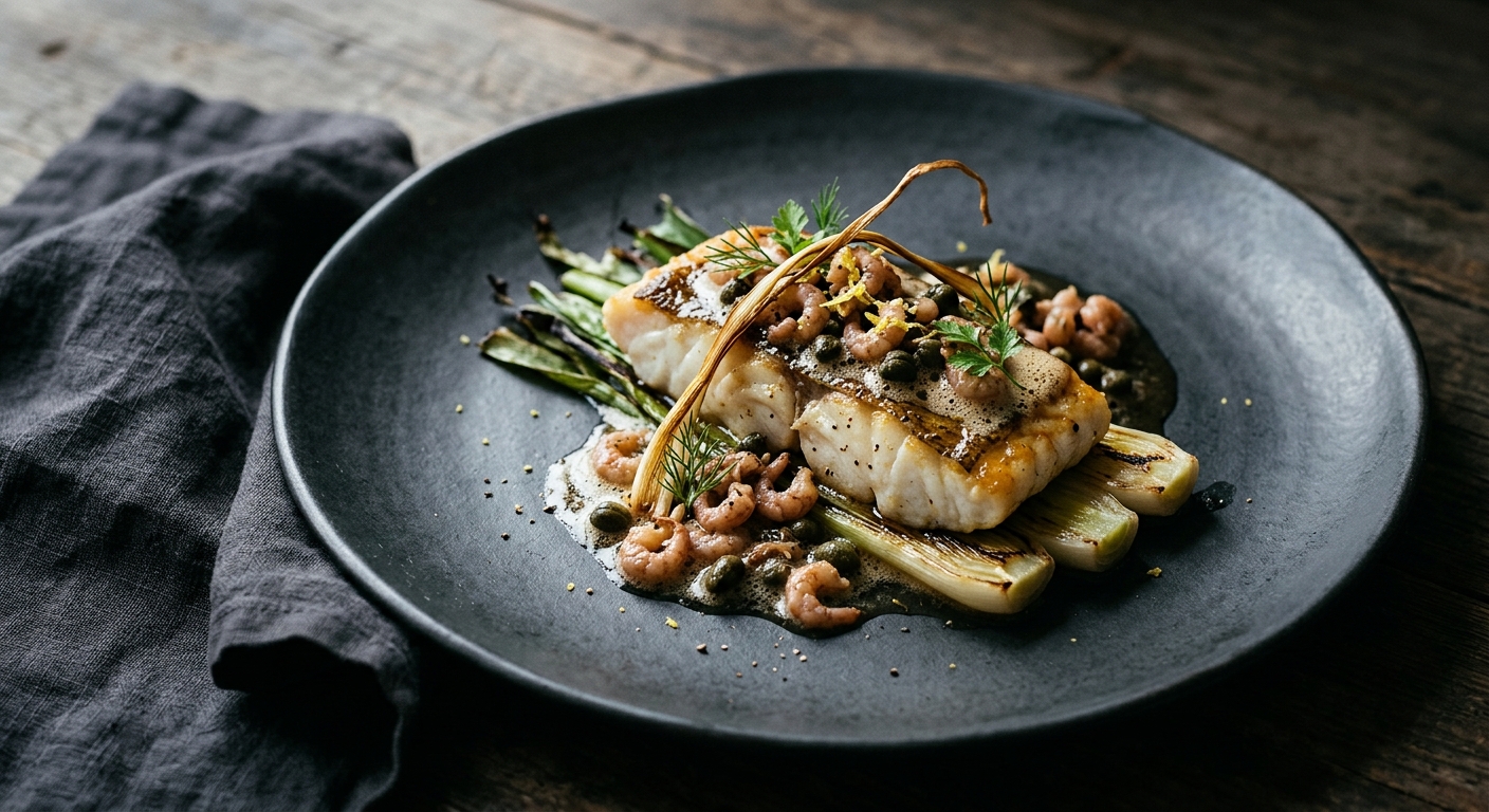Monkfish with Brown Shrimp, Caper Beurre Noisette and Charred Leeks