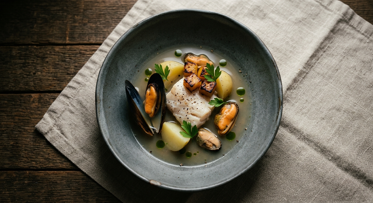 Smoke-Kissed Haddock & Mussel Broth with Charred Neeps