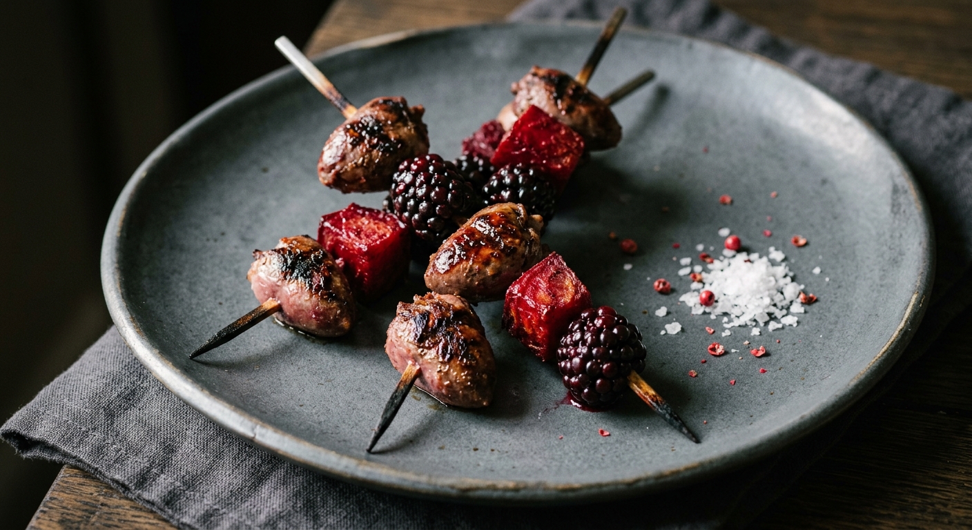 Charred Duck Hearts, Beetroot & Blackberry Skewers