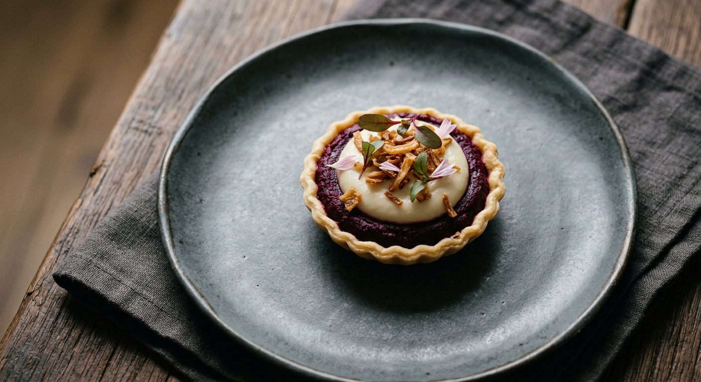 Beetroot Tartlet with Cashew Crème & Crispy Shallots